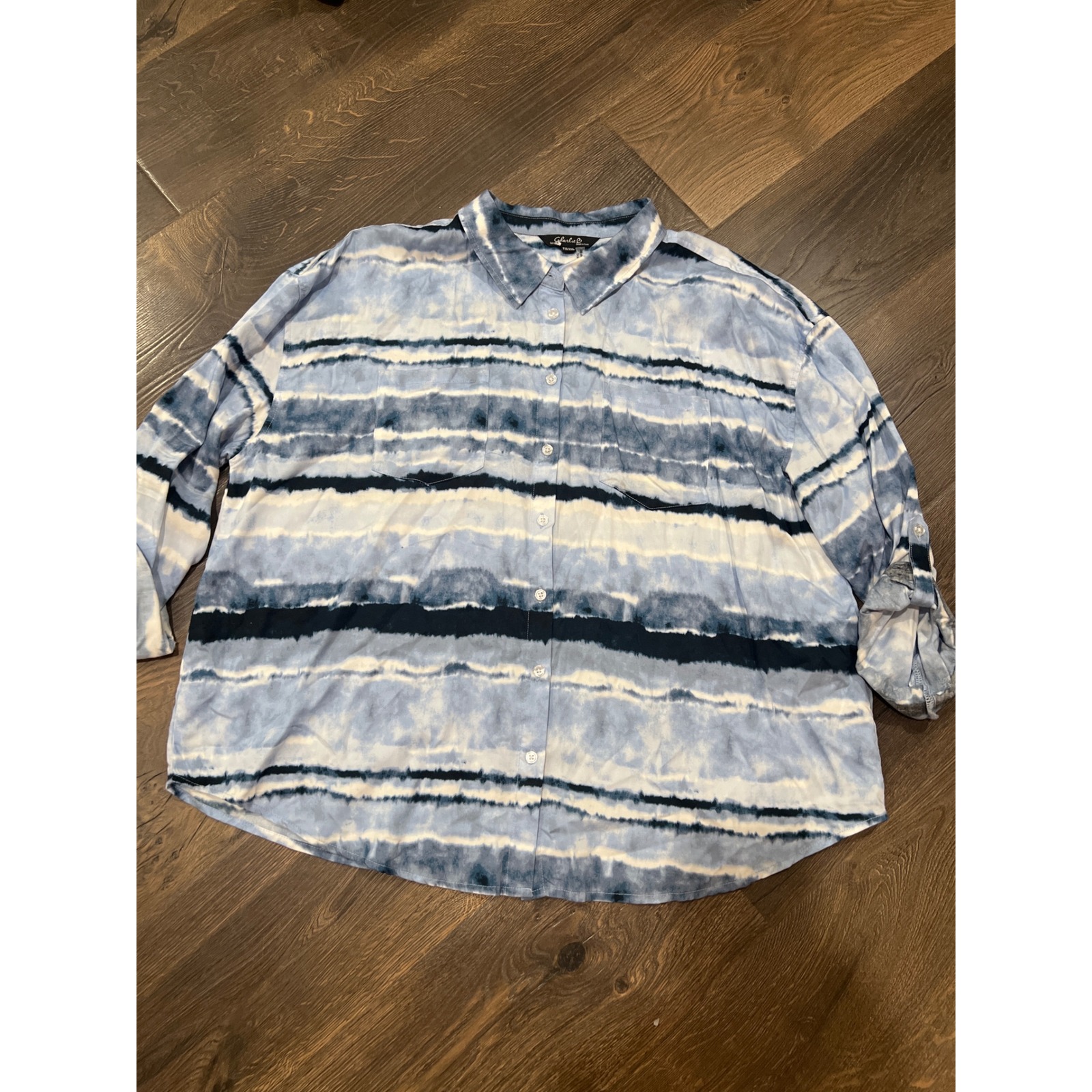 Charlie B Womens Xxl Blue Tie Dye Stripe Tencel Roll Tab Button Up Shirt C4460